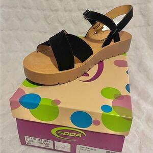 Soda Black Crisscross Platform Sandal with Tan Sole